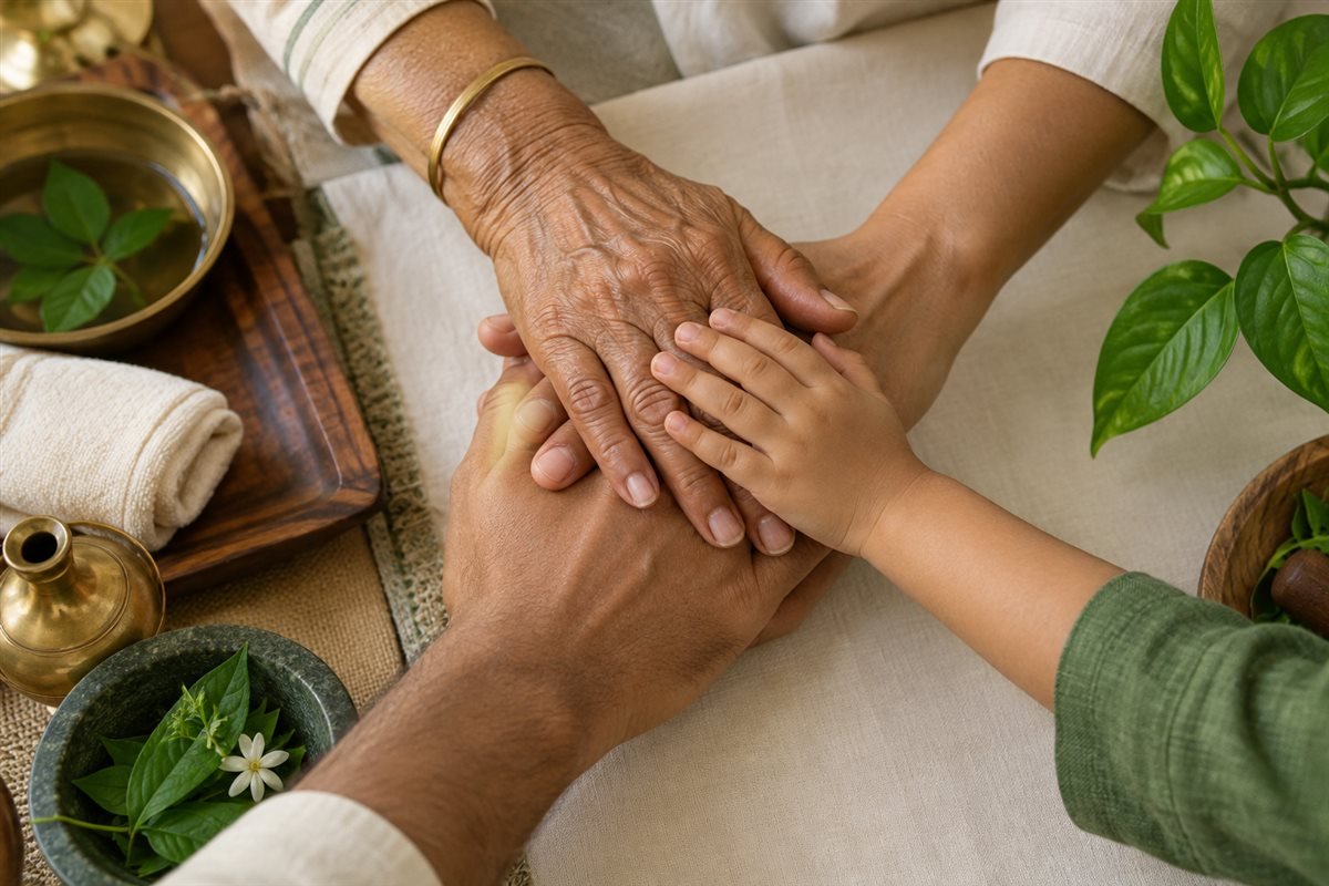 Hands of different generations resting together