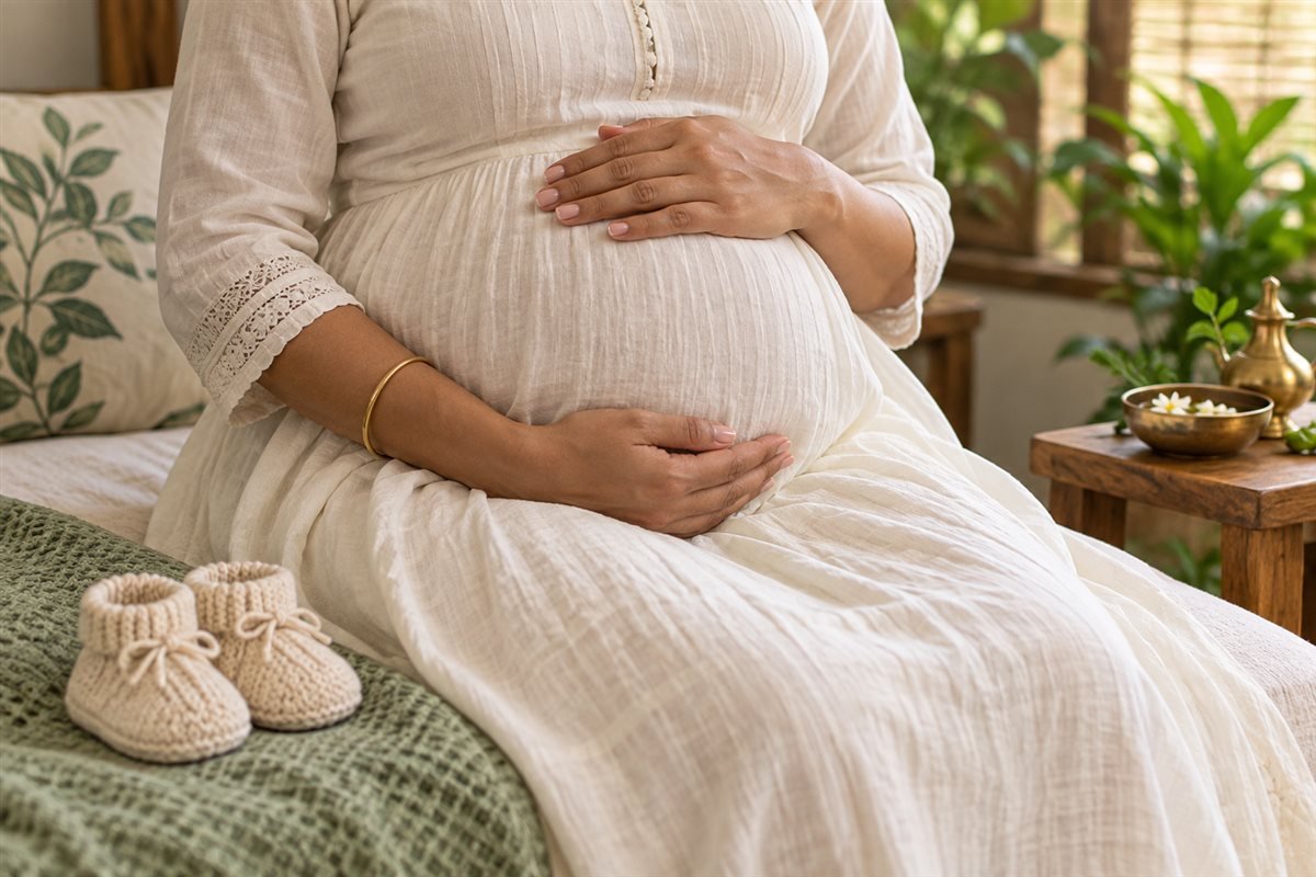 Expectant mother's hands resting on her clothed abdomen beside baby booties