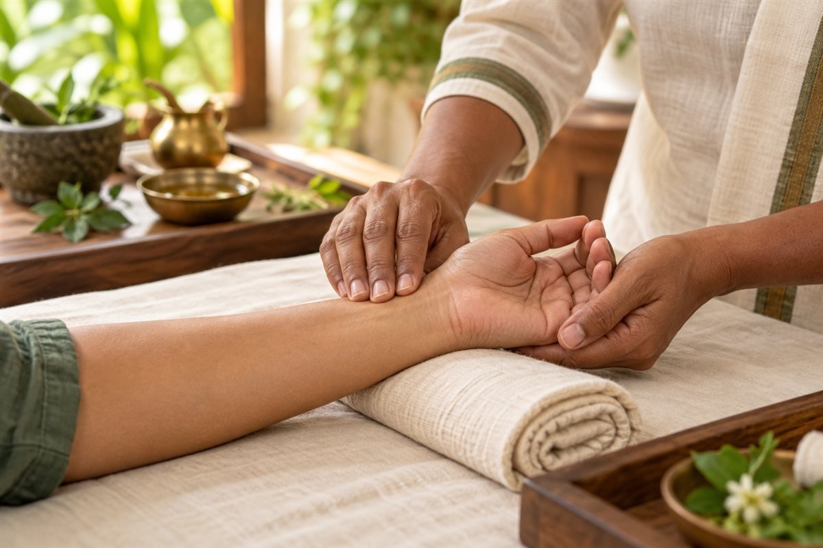 Hands checking a wrist pulse during Nadi Parikshana